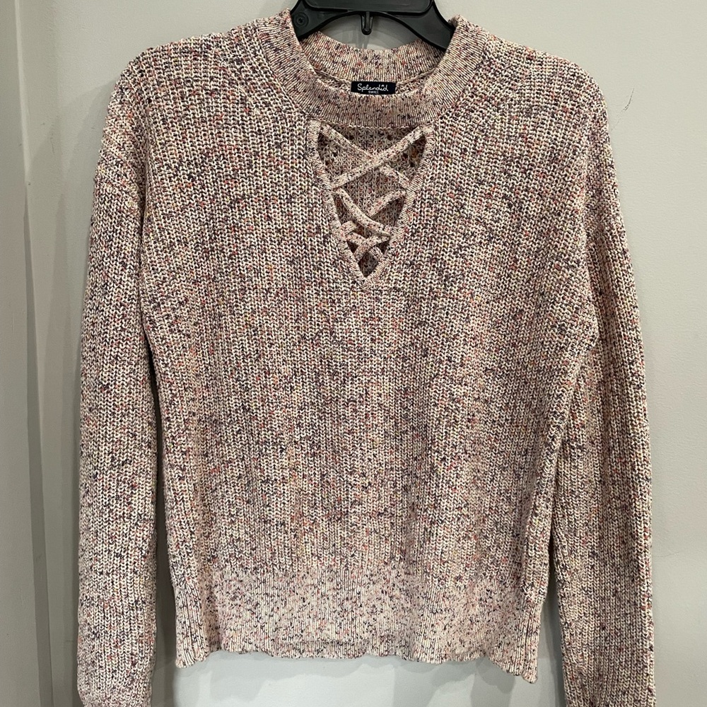 Splendid pink coupe knit sweater  with criss cross detail at front . 100% cotton